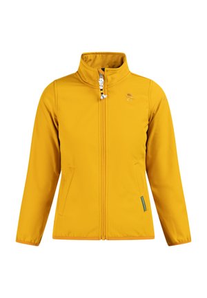 Gele jas met lange mouwen, voorrits, opstaande kraag en voorzakken, ontworpen voor casual of buitengebruik.