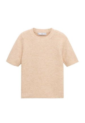 Béžové proužkované pletené tričko s krátkým rukávem, kulatým výstřihem a volným střihem. Tkanina vypadá měkká a mírně texturovaná.