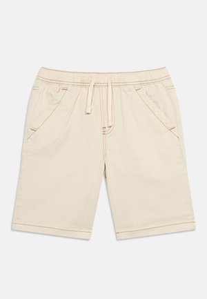 Beige casual shorts med elastisk midjebånd, frontsnor, to skrå sideslommer og kontrastsøm.