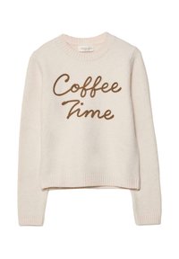 Maglione girocollo rosa chiaro con colletto e polsini a coste. Presenta la scritta "Coffee Time" in caratteri corsivi marroni sulla parte anteriore.