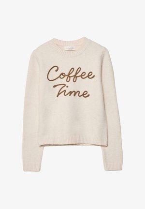Helles rosa Pullover-Sweatshirt mit einem gerippten Halsausschnitt und Bündchen. Hat "Kaffeepause" in brauner, geschwungener Schrift auf der Vorderseite.