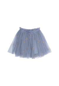 Gonna in tulle blu con vita elasticizzata, decorata con fiocchi ricamati in oro e un design a strati, che crea un aspetto pieno e leggero.