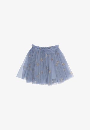 Blauwe tule rok met een elastische tailleband, versierd met goudborduurde strikken en een gelaagd ontwerp, wat zorgt voor een volle, lichte uitstraling.