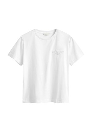 Witte T-shirt met korte mouwen, ronde hals en subtiel reliëflogo op de linkerborst.