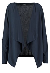 Marinblå, lätt vikt, öppen framsidan kavaj med draperad design och texturerad svart innerfoder. Långa ärmar med justerbara manschetter.