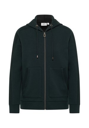 Haut de sweat à capuche zippé de couleur vert foncé, avec deux poches devant, capuche à cordon de serrage, poignets et ourlet côtelés, fabriqué en tissu doux et texturé.
