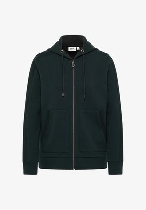 Donkergroene zip-up hoodie met twee voorkantenzakken, een capuchon met trekkoord, ribbelmanchetten en -zoom, gemaakt van zachte, gestructureerde stof.
