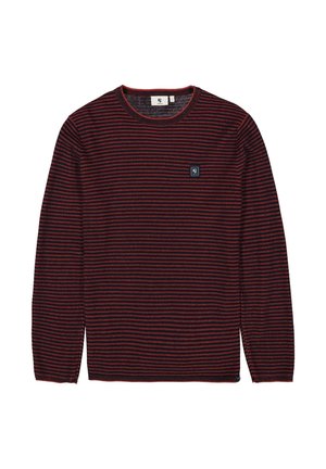 Langsleeve trui in donkerrood en marineblauwe strepen, met een ronde halslijn en een klein logo ophangertje aan de voorkant links.