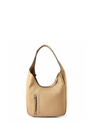 Borsa a tracolla in pelle beige con tracolla singola, tasca frontale con zip e logo "Tom Tailor" in rilievo sulla tasca.