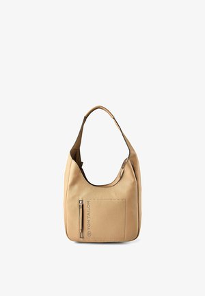 Bolso de hombro de cuero beige con una sola correa, bolsillo frontal con cremallera y logotipo en relieve "Tom Tailor" en el bolsillo.