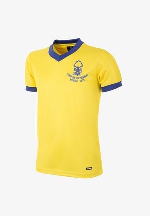 Gele voetbal shirt met blauwe kraag en cuffs. Bevat clublogo en tekst "EUROPESE CUP WINNAARS MÜNCHEN 1979" in het blauw. Lichtgewicht stof.