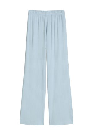 Pantalones de pierna ancha color azul claro con cintura elástica y una sutil textura de costillas verticales, diseñados para un uso casual cómodo.