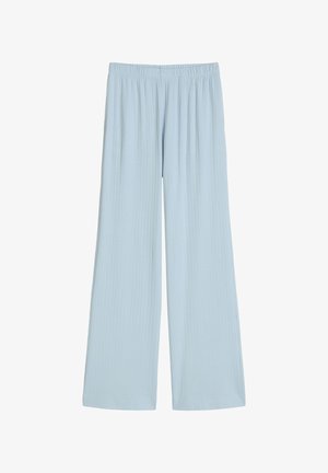 Pantalones de pierna ancha color azul claro con cintura elástica y una sutil textura de costillas verticales, diseñados para un uso casual cómodo.