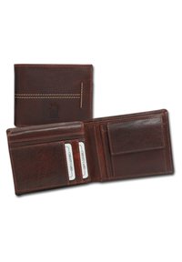 Brown leather wallet with a textured finish, featuring multiple card slots and a pocket, accented with contrasting stitching.