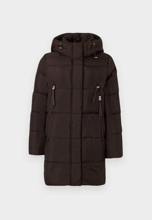 Brown padded coat with a hood, featuring zippered pockets, a straight cut, and visible stitching for added texture. Lightweight and insulated design.