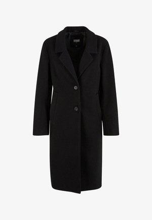 Černý vlněný kabát s klopovým límcem, zapínáním na dvě knoflíky, bočními kapsami a dlouhými rukávy. Hladká textura, délka ke kolenům.