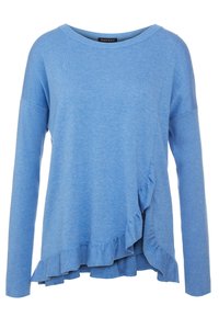 Haut à manches longues bleu clair en tissu doux, doté d'un détail volanté le long de l'ourlet, avec une coupe décontractée et un col rond.