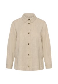 Beige long-sleeve button-up shirt with collar, five buttons down front, and two front pockets, made of textured fabric.