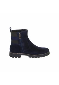 Stivale alla caviglia in suede blu navy con zip laterale, pannelli in tessuto elastico e suola in gomma testurizzata con scanalature per la trazione.