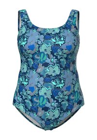 Maillot de bain une pièce avec de larges bretelles, présentant un motif floral abstrait dans des tons de bleu, sarcelle et turquoise sur un fond sombre.