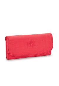 Red nylon wallet with a fold-over flap and embossed logo. Features smooth texture and rounded edges, measuring approximately 10 inches wide.