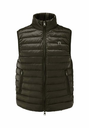 Gilet imbottito nero trapuntato senza maniche con collo alto, cerniera frontale, tasche laterali con cerniera e piccolo logo rettangolare sul petto.