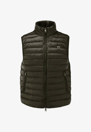 Gilet imbottito nero trapuntato senza maniche con collo alto, cerniera frontale, tasche laterali con cerniera e piccolo logo rettangolare sul petto.