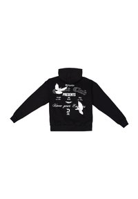 Sort hættetrøje med hvid grafisk design, der viser fugle og tekst. Blødt materiale, pullover-stil med kængurulomme og ribbede manchetter.