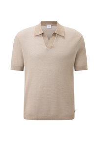 Kortærmet polo shirt i lys beige med v-hals og blødt, tekstureret strikstof. Diskrete detaljer ved krave og kant.
