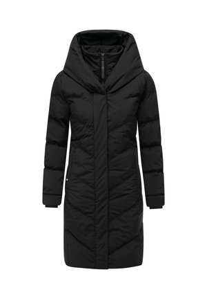 Zwarte geïsoleerde jas met een hoge kraag, ritssluiting, lange mouwen en een chevron stitch patroon. Ontworpen voor warmte en comfort.