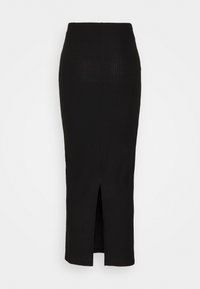 Jupe midi noire en maille côtelée avec une coupe droite et une fente à l'avant. Présente une taille ajustée et un tissu texturé.