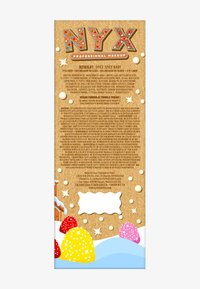 Il packaging dell'eyeliner NYX Spice Spice Baby presenta uno sfondo dorato glitterato con forme di uova colorate e festose e accenti decorativi bianchi.