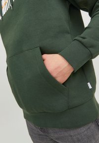 Felpa verde con tasca frontale e polsini a costine. Il tessuto sembra morbido, con un design semplice e un piccolo tag del marchio in basso.