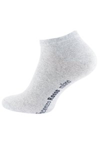 Graue Knöchelsocke aus einer Baumwollmischung. Sie hat eine glatte Textur, ein geripptes Bündchen und bedruckten Text an der Seite in Dunkelblau.