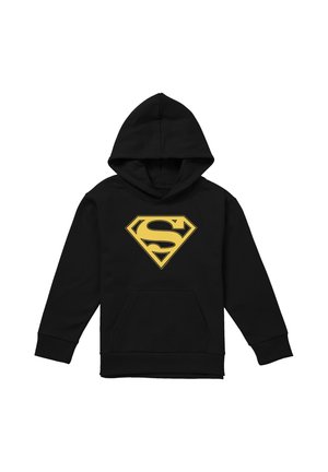 Black hooded sweatshirt with yellow Superman emblem centered on the chest and a front kangaroo pocket.