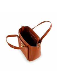 Sac à main en cuir marron avec double anses, forme rectangulaire, compartiment zippé, quincaillerie en ton doré et une doublure intérieure douce.