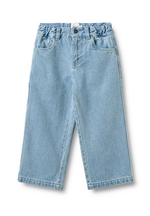Hellblaue Jeans-Cropped-Hose mit elastischem Bund, Knopfverschluss, Vordertaschen und weiten, geraden Beinen.