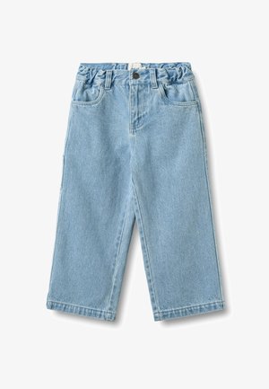 Lichtblauwe denim korte broek met elastische tailleband, knoopsluiting, voorzakken en brede rechte pijpen.
