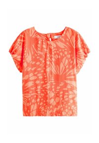 Top de manga corta en coral brillante con un estampado de hojas, con cuello redondo y detalle de ojal en la parte posterior. Hecho de un tejido ligero.