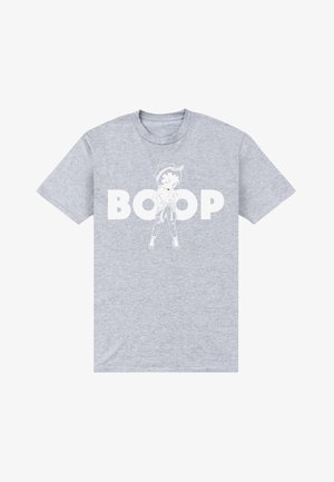 Grijs T-shirt met een witte cartoon van een vrouw die een hoofdband en hoge hakken draagt en zelfverzekerd staat boven het woord "BOOP" in gedurfde witte letters.