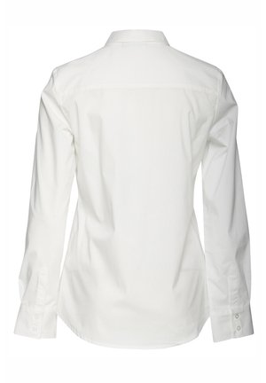 Baltas, vienspalvis ilgomis rankovėmis marškinių modelis iš nugaros, su įsegamais rankogaliais ir smailia apykakle.