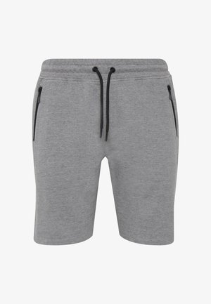 Pilki medvilniniai šortai su raišteliu juosmeniui, turintys dvi užtrauktukais uždaromas šonines kišenes ir tekstūruotą paviršių.