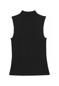 Melnā bez piedurknēm adīta veste ar augstu apkakli, kas piedāvā ribotu tekstūru un vertikālas šuves, nodrošinot pieguļošu siluetu.