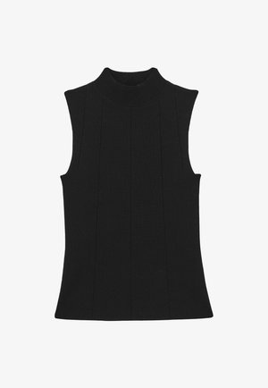 Črn brezrokavnik s visokim ovratnikom, ki ima rebrasto teksturo in vertikalne šive za oprijet silhueto.