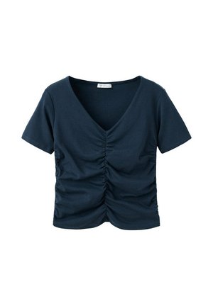 Marineblauw T-shirt met korte mouwen, V-hals en geplooide details aan de voorkant, cropped stijl op witte achtergrond.
