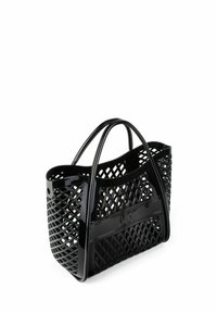 Black plastic tote bag with an open lattice design, featuring two rounded handles and a flat base, embossed with "157" on one side.