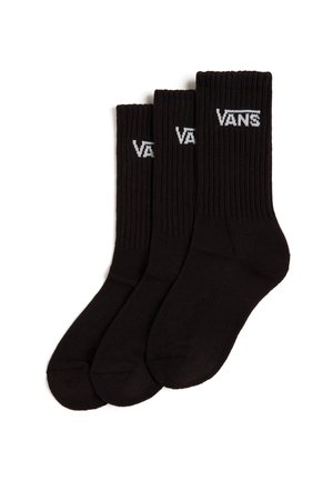 Black cotton crew socks with ribbed texture, featuring white "VANS" logo on the cuff. Set of three pairs.