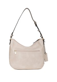 Borsa a spalla in pelle beige con design curvo, tracolla nera regolabile, accessori in oro e tasca con zip frontale. Texture liscia con accenti minimi.