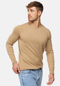 Beige langærmet trøje med rund hals, ribbede manchetter og en strømlinet pasform, båret over lyseblå jeans. Glat tekstur.