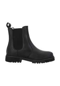 Schwarze Leder-Stiefeletten mit elastischen Seitenpaneelen, einer abgerundeten Zehenpartie und einer strukturierten Gummisohle. Mit einer Ziehschlaufe für ein einfaches Anziehen.